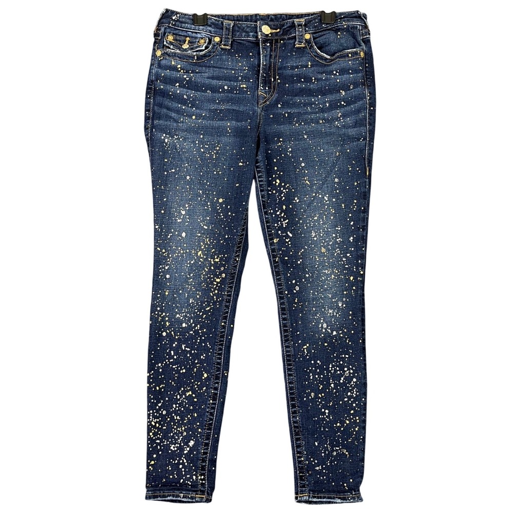True Religion Jennie Flap Skinny Jeans Women 34 Blue Excellent Glitter Splatter